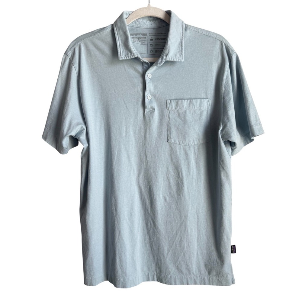 Patagonia Men Daily Polo Shirt Size M Light Blue Cotton Knit Pocket Short Sleeve